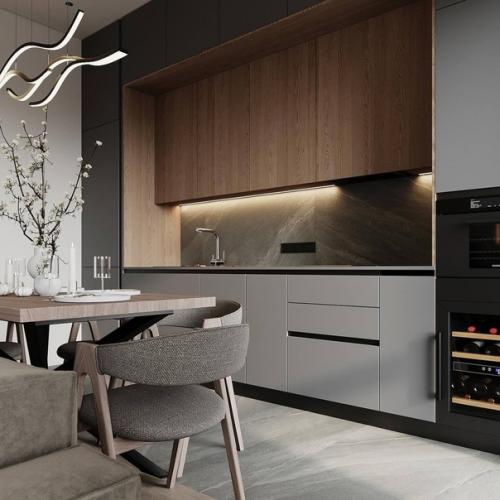 Строгий тёмный интерьер кухни - гостиной 23 м 2 с оригинальными деталями декора. 01