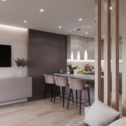 Стильный интерьер кухни - гостиной в современном стиле. 02