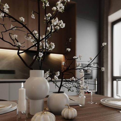 Строгий тёмный интерьер кухни - гостиной 23 м 2 с оригинальными деталями декора. 07