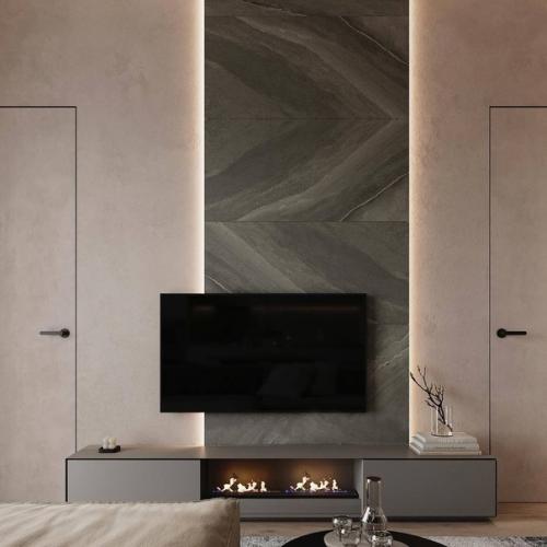 Строгий тёмный интерьер кухни - гостиной 23 м 2 с оригинальными деталями декора. 03