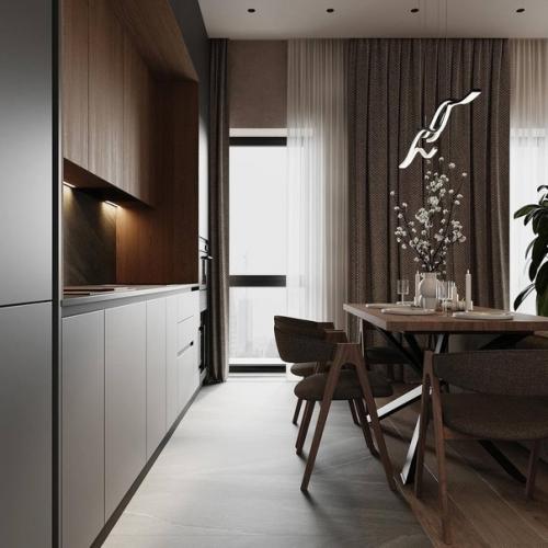 Строгий тёмный интерьер кухни - гостиной 23 м 2 с оригинальными деталями декора. 04