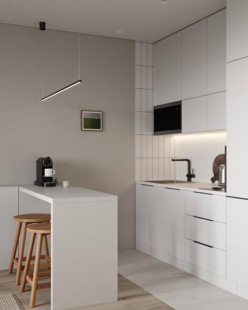 Стильный и светлый интерьер кухни - гостиной с акцентами. 02