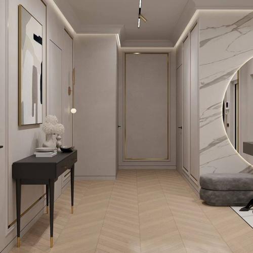 Сочетание минимализма и современной классики в интерьере кухни - гостиной и прихожей. 08