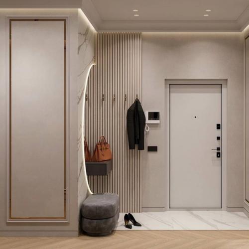 Сочетание минимализма и современной классики в интерьере кухни - гостиной и прихожей. 07