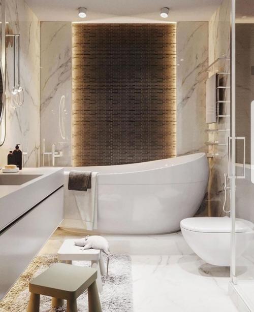 Очень стильный интерьер просторной ванной комнаты с крутой подсветкой. 01