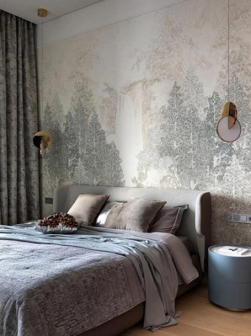 При оформлении этого интерьера вдохновились видом из окна - объемными кронами деревьев, уходящими вдаль. 07