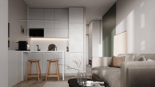 Стильный и светлый интерьер кухни - гостиной с акцентами. 08