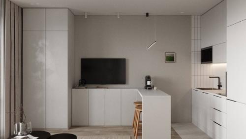 Стильный и светлый интерьер кухни - гостиной с акцентами. 06