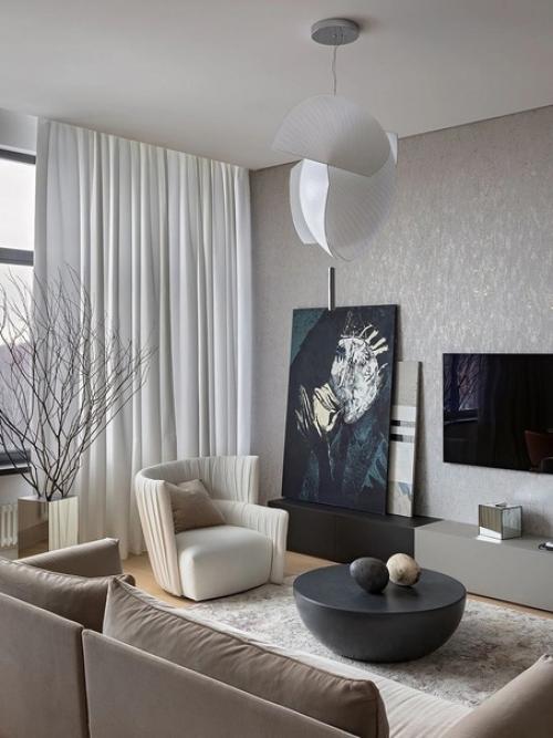 При оформлении этого интерьера вдохновились видом из окна - объемными кронами деревьев, уходящими вдаль. 01