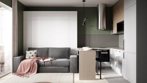 Стильный и светлый интерьер кухни - гостиной с акцентами. 04