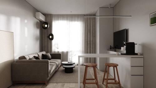 Стильный и светлый интерьер кухни - гостиной с акцентами. 09