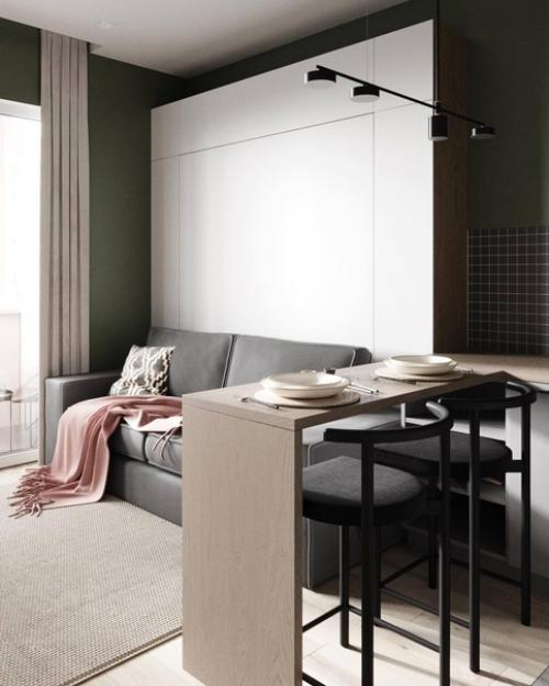 Стильный и светлый интерьер кухни - гостиной с акцентами. 05