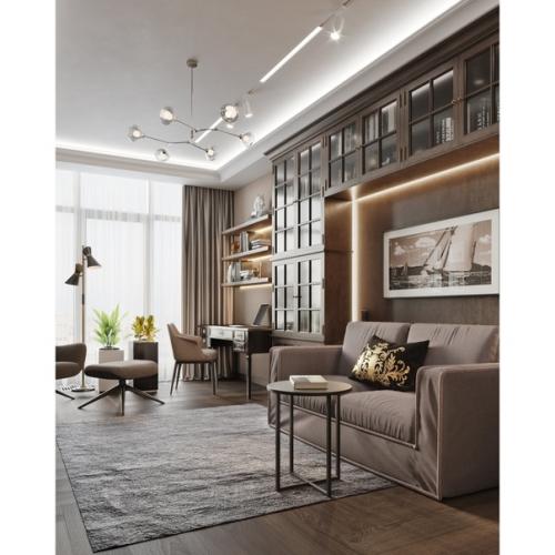 Современный кабинет это не просто место для работы, а комната в которой предусмотрен и уголок для отдыха, и место для приёма гостей. 01