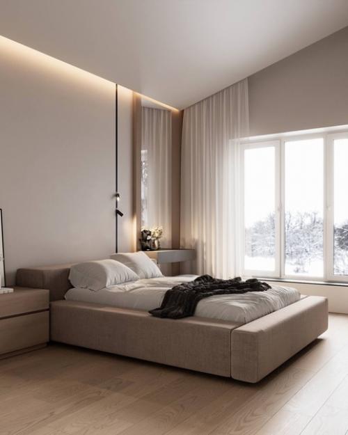 Интерьер спальни в современном стиле в приятных спокойных тонах. 01