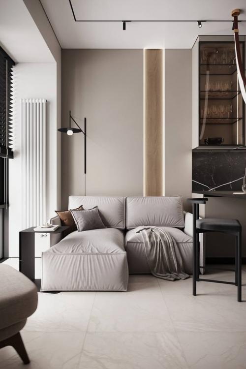 Стильная кухня - гостиная из проекта однокомнатной квартиры. 03