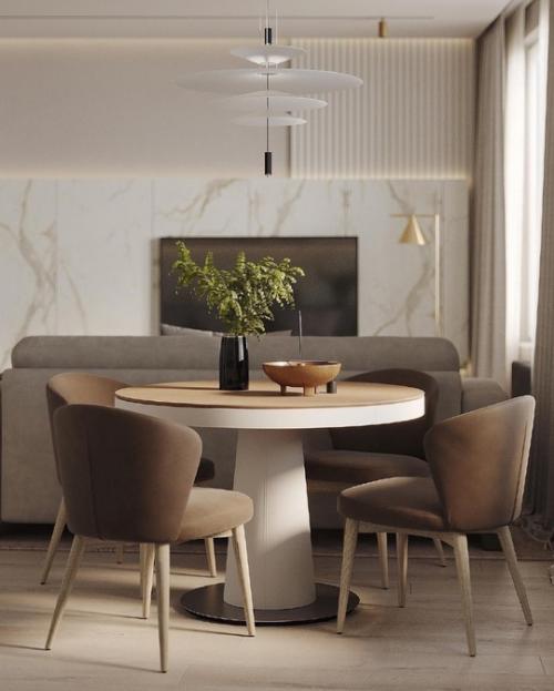 Очень уютная кухня - гостиная в тёплых бежевых тонах. 01