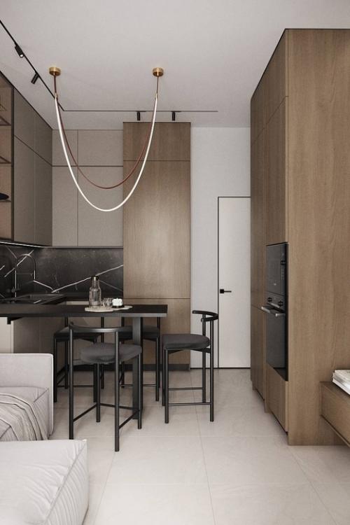 Стильная кухня - гостиная из проекта однокомнатной квартиры. 02