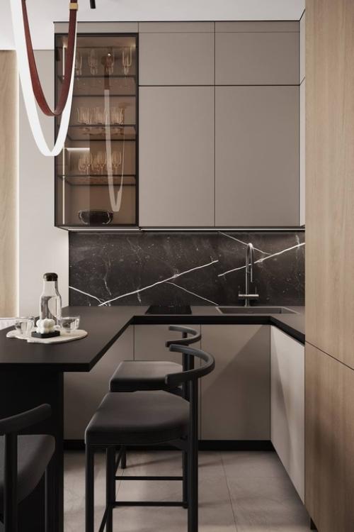 Стильная кухня - гостиная из проекта однокомнатной квартиры. 01