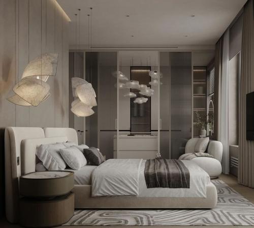 Стильный и уютный интерьер спальни в светлых тонах. 03