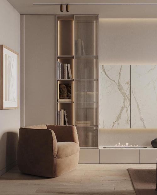 Очень уютная кухня - гостиная в тёплых бежевых тонах. 06