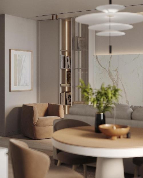 Очень уютная кухня - гостиная в тёплых бежевых тонах. 05