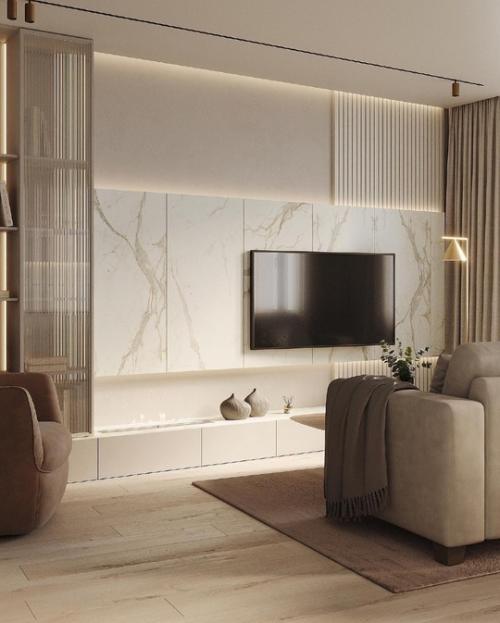 Очень уютная кухня - гостиная в тёплых бежевых тонах. 07