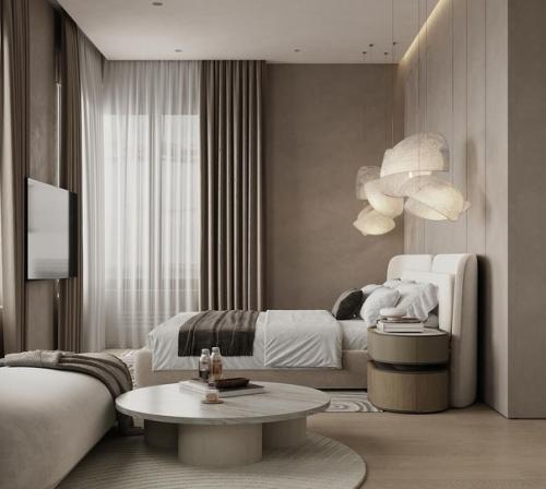 Стильный и уютный интерьер спальни в светлых тонах. 01