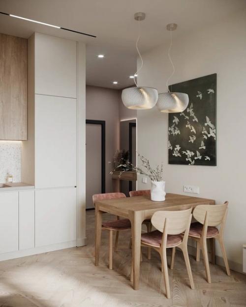 Интерьер кухни - гостиной в приятных тонах. 01