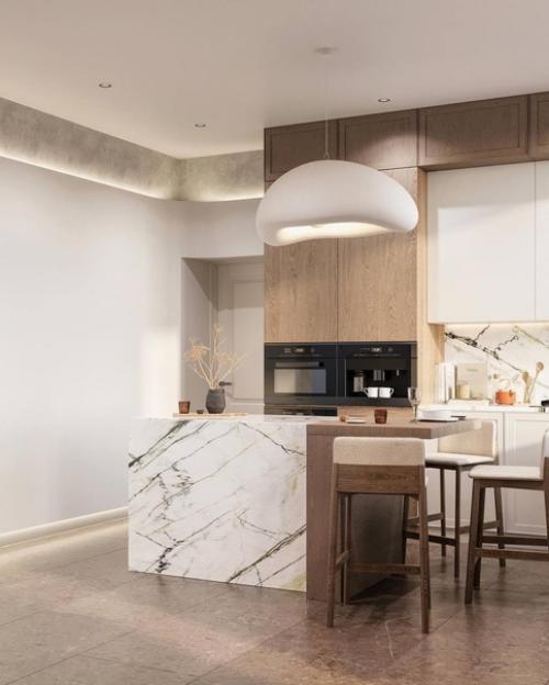 Шикарная кухня - гостиная в светлых тонах. 04