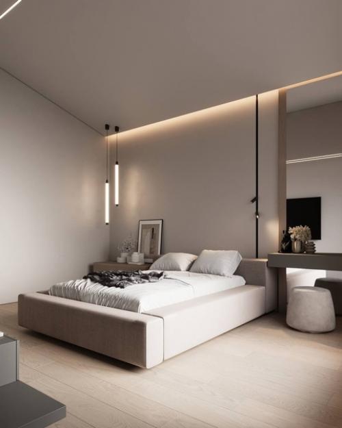 Интерьер спальни в современном стиле в приятных спокойных тонах. 06