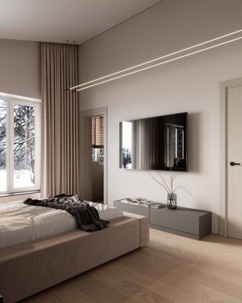 Интерьер спальни в современном стиле в приятных спокойных тонах. 02