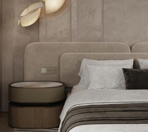 Стильный и уютный интерьер спальни в светлых тонах. 02