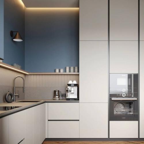 Лаконичная кухня с лёгким применением колор - блокинга. 02