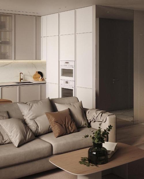 Очень уютная кухня - гостиная в тёплых бежевых тонах. 03