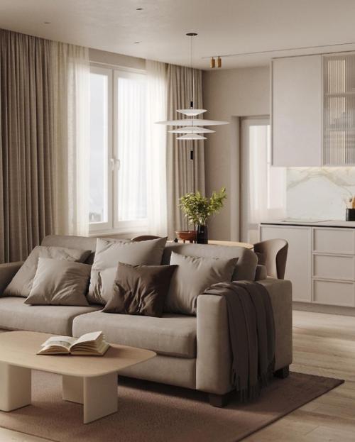 Очень уютная кухня - гостиная в тёплых бежевых тонах. 04