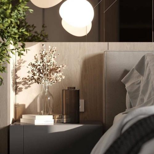 Современный интерьер спальни, который прекрасно вписывается в небольшую площадь комнаты, не перегружает пространство. 05