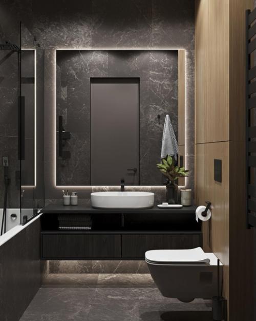 Ванная комната.  Темная плитка на полу и стенах преобладает в отделке, а шпон дуба разбавляет эту каменную текстуру. 02