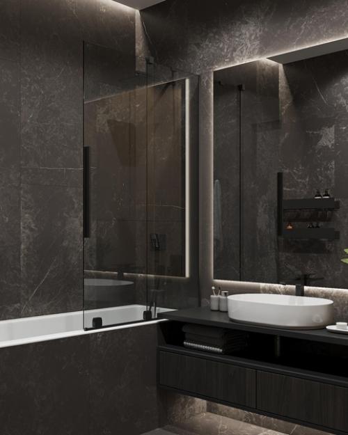 Ванная комната.  Темная плитка на полу и стенах преобладает в отделке, а шпон дуба разбавляет эту каменную текстуру. 01