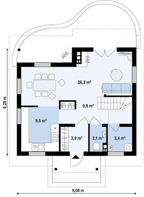 Проект: компактный дом с мансардой с камином на террасе. 01