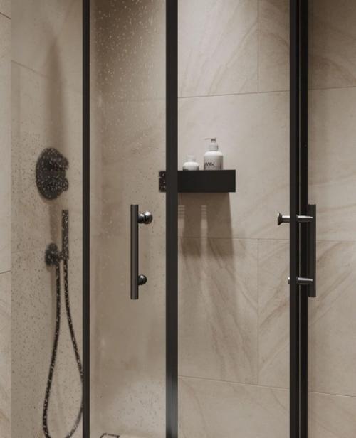 Тёплый бежевый интерьер ванной комнаты с чёрными акцентами. 01