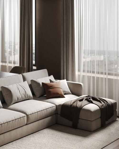 Дизайн кухни - гостиной в современном стиле в природных оттенках. 02