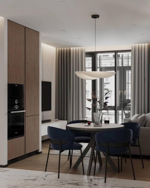 Кухня - гостиная в нейтральных оттенках с акцентной мебелью, площадь помещения 18 м. 06