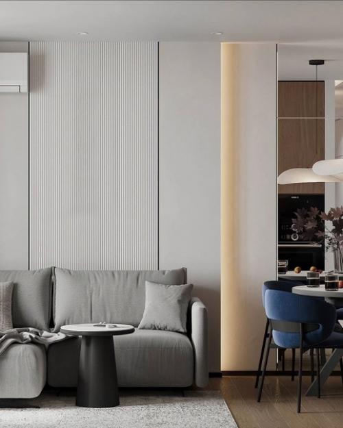 Кухня - гостиная в нейтральных оттенках с акцентной мебелью, площадь помещения 18 м. 02