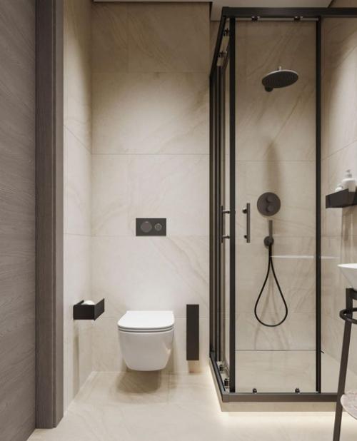 Тёплый бежевый интерьер ванной комнаты с чёрными акцентами. 02
