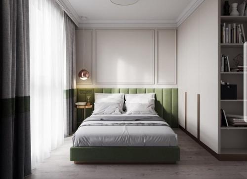 Интересный интерьер спальни в классическом исполнении с хорошим сочетанием цветов. 01