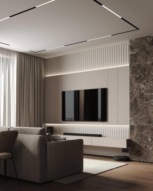 Дизайн кухни - гостиной в современном стиле в природных оттенках. 04