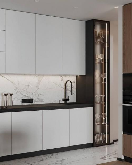 Кухня - гостиная в нейтральных оттенках с акцентной мебелью, площадь помещения 18 м. 03