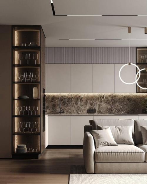 Дизайн кухни - гостиной в современном стиле в природных оттенках. 03