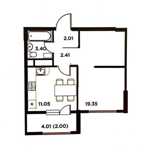 2 комнатная квартира, площадью 40. 07