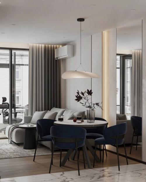 Кухня - гостиная в нейтральных оттенках с акцентной мебелью, площадь помещения 18 м. 05